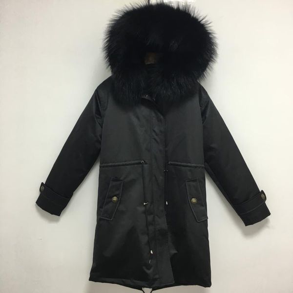 

black leather handsome natural style winter black fur lined trench coat for unisex