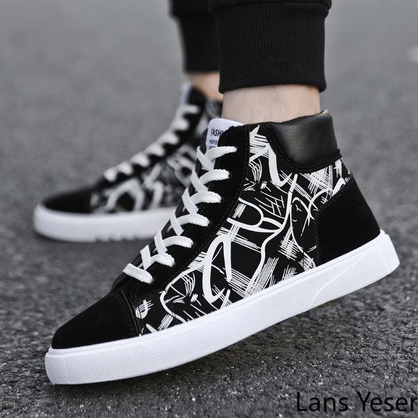 

lans men sneaker autumn high heel graffiti sports skateboarding shoes outdoor lace-up casual canvas shoes running