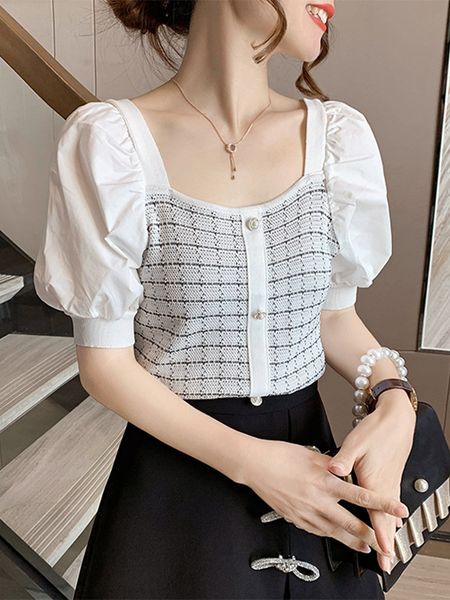

2020 new design style small fragrance elegant square collar knitwear knitted shirt shirt bubble sleeve stitching knitwear for women, White;black