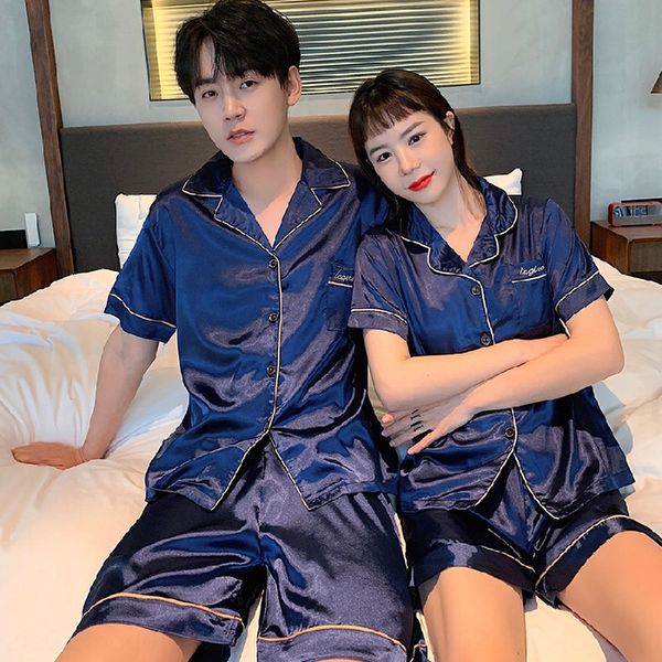 

couple pajamas wo short sleeve cute korean style two-piece suit thin ice suit home clothes silk men's and women's home clothes, Black;brown