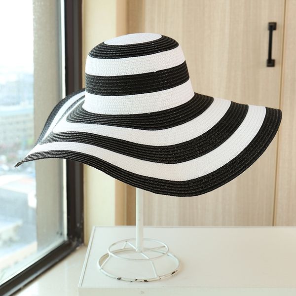 

striped beach straw fake sunshade straw large female summer foldable sun hat seaside holiday hat, Blue;gray