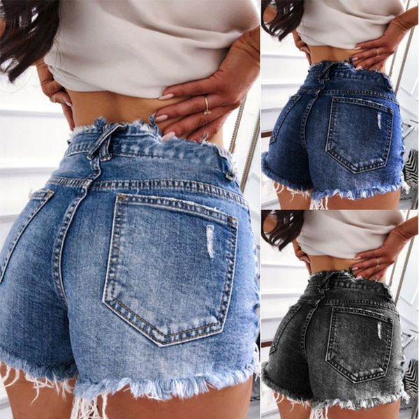 

women middle-waisted washed ripped hole short mini jeans denim summer shorts feminino hole ripped denim jeans plus size, Blue