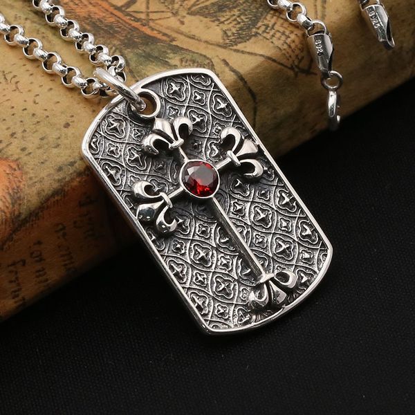 

punk style 925 sterling silver handmade designer jewelry american european antique silver cross pendants with red stone for men women
