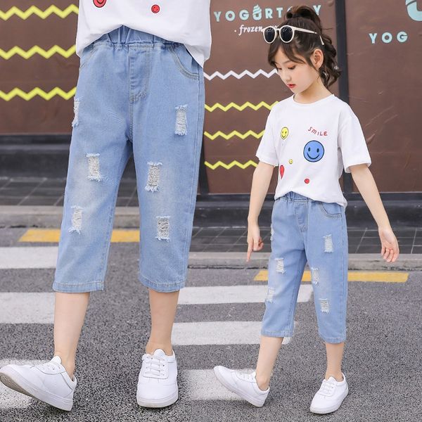 

girls' ripped denim pants jeans and jeans summer 2020 new children's korean style casual breeches dad pants trendy, Blue
