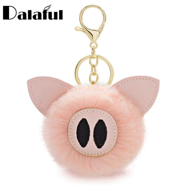 

dalaful pompom piggy pig keychains fur ball keyrings animal pom pom leather trinkets for car key chains k359, Silver