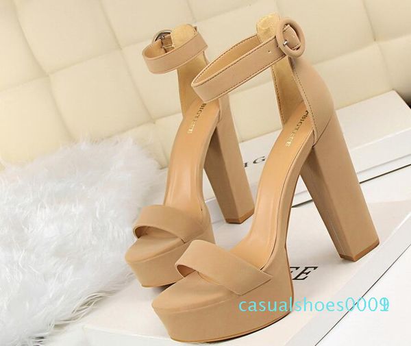 

designer summer model women high heel sandals 13 cm open toes chunky heel platform sandals buckle strap lady automobile model shoes c09 c01, Black