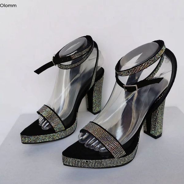 

rontic new handmade women rhinestone sandals square high heels sandals open toe elegant black party shoes women us plus size 5-15