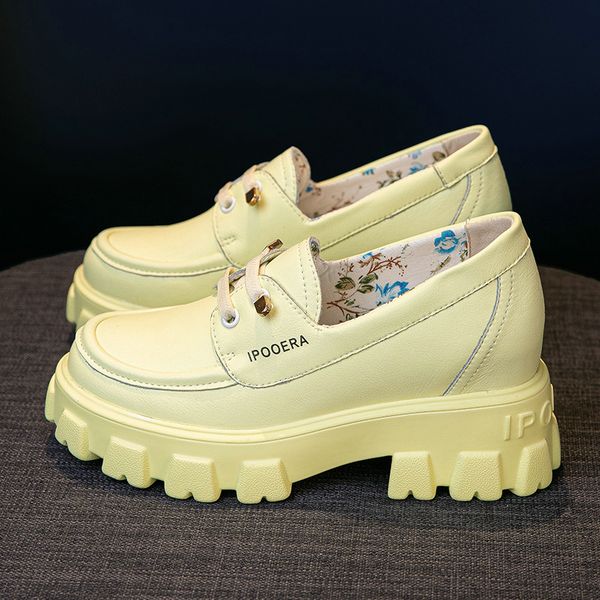 

autumn 2020 round-toe thick-soled genuine leather shoes heightened women's shoes british style loafers, Black