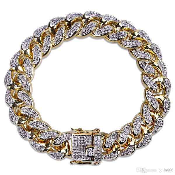 

14mm luxury hiphop miami cuban cubic zirconia bracelets men hip hop iced out full micro zircon bangle male punk jewelry, Golden;silver