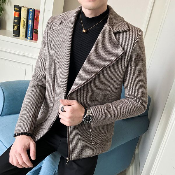 

men's wool & blends autumn winter coat turn-down collar stripe blend men single breasted overcoat mens trench, Black