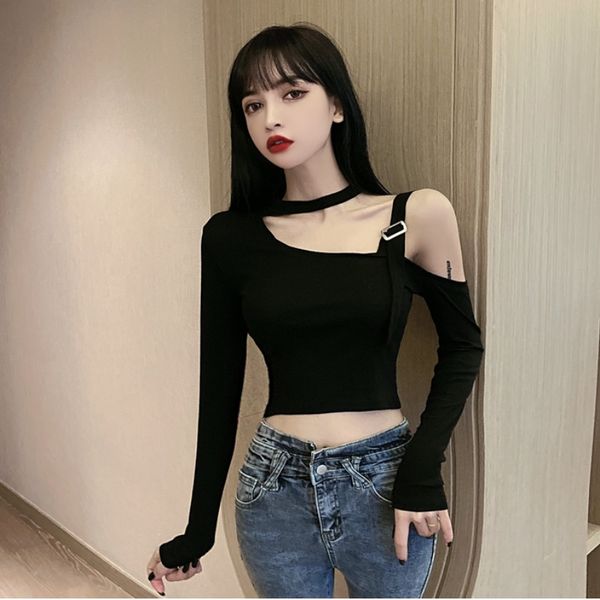 

2020 early autumn new fashion scheming design sense minority off-shoulder long-sleeved slim all-match t-shirt female fashion, White