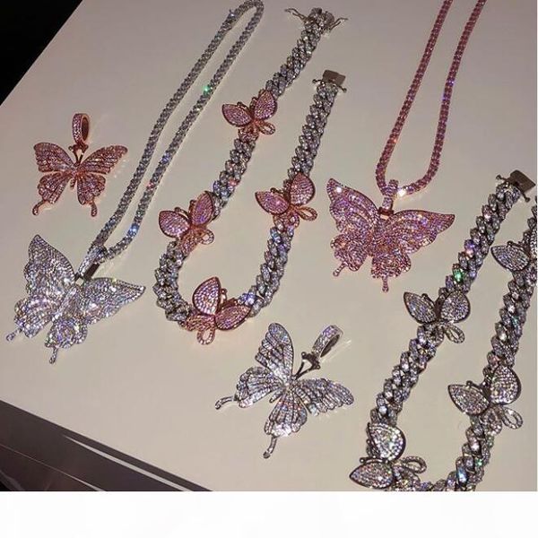 

iced out bling cz miami cuban link chain butterfly charm choker necklace bling hip hop jewelry for men women gift, Silver