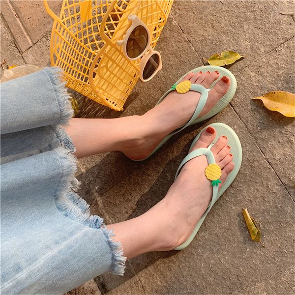 

women flip flops 2020 summer sweet pinapple beach slippers candy colors flat slides soft comfortable shoes girls casual slippers, Black