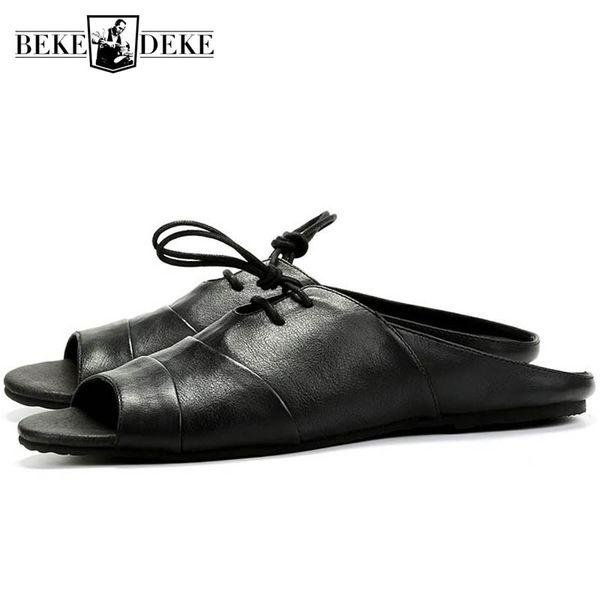 

leather vintage slip on slippers mens summer rome shoes england style brand classic open toe flat sandals black