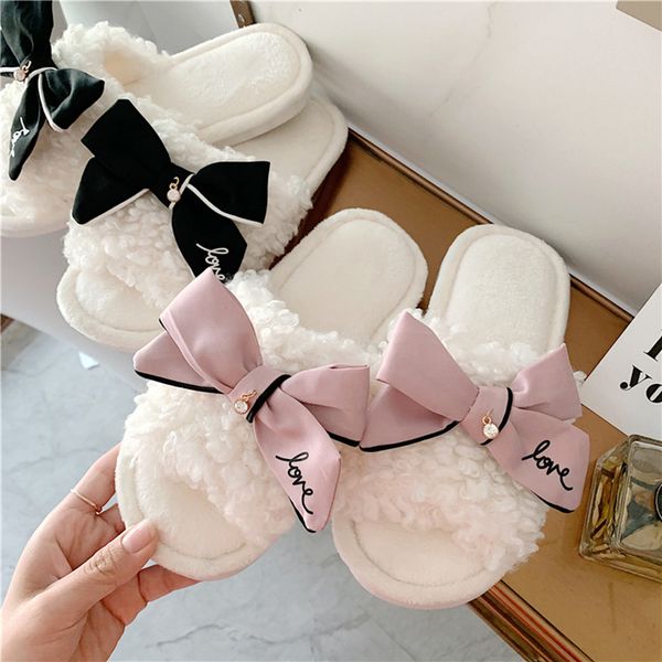 

fashion warm women slippers flat shoes women bow home plush slippers indoor anti-skid thick bottom cute sweet flat with, Black