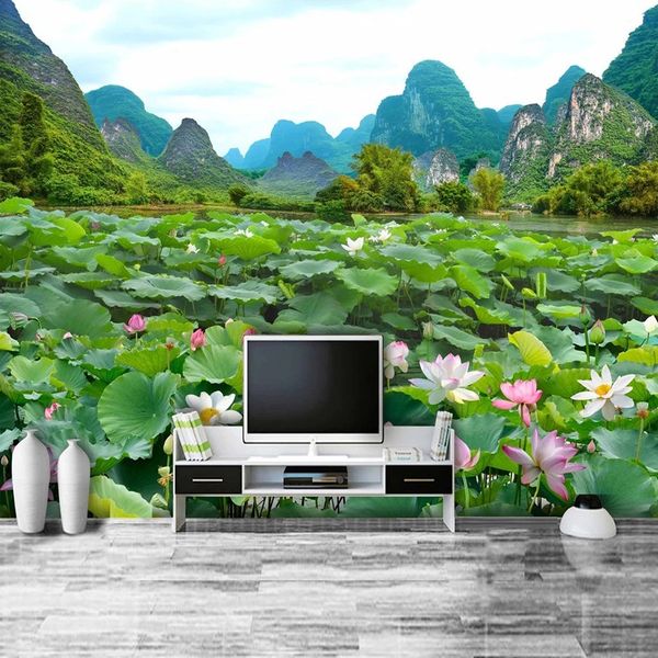 Wallpaper 3D personalizzato Wallpaper Lotus Flow Flower Green Mountain Paesaggio Murale Dining Room Soggio