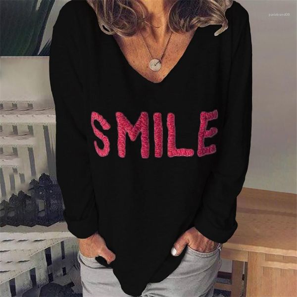 

casual solid color woman tees embroidery summer women tshirts letters printed v neck long sleeve loose ladies, White