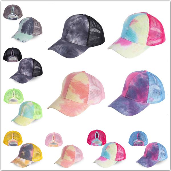 Berretto da baseball a coda di cavallo tie-dyeing Cappelli da chignon disordinati Cappelli da camionista Pony Cappellini da visiera unisex Cappello da papà Maglia estiva Snapback all'aperto