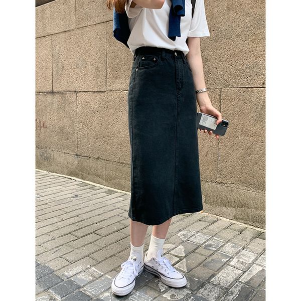 

skirts women midi denim skirt black high waist cotton mid calf s,m,l