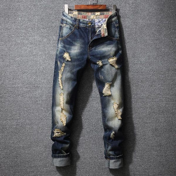 

men's jeans fashion trend loose straight mens retro denim pants biker, Blue