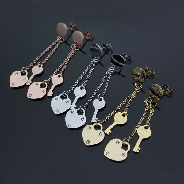 

titanium steel t letter three diamond heart key tassel stud earrings18k gold earrings rose gold silver earrings for woman jewelry, Golden;silver