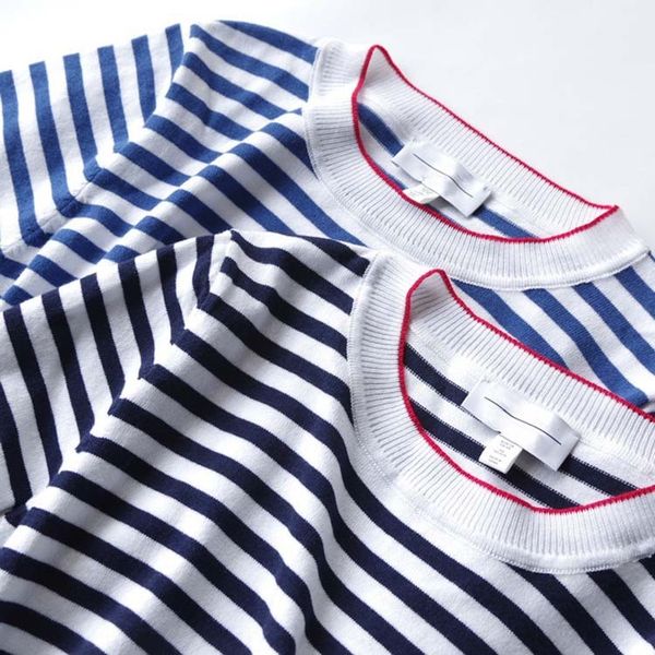 

sz9z6 рыхлой похудения классический темно-синий стиль контраст цвета в полоску вокруг шеи вязаный топ хлопка футболку пуловеры пуловеры женщ, White