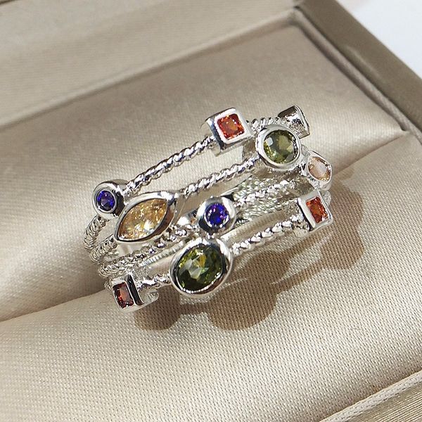 

new shiny 925 sterling silver natural multicolor gemstone birthstone bride marriage engagement anniversary christmas gift ring, Golden;silver
