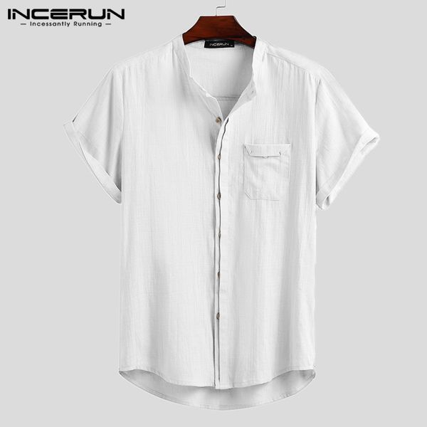 

summer men shirt cotton streetwear stand collar button casual brand 2020 short sleeve blouse solid color camisa harajuku incerun, White;black