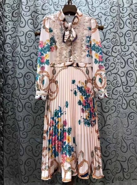 

printed chiffon woman dress women's spring 2020 bow tie slim fit mid-length pleated skirt ing