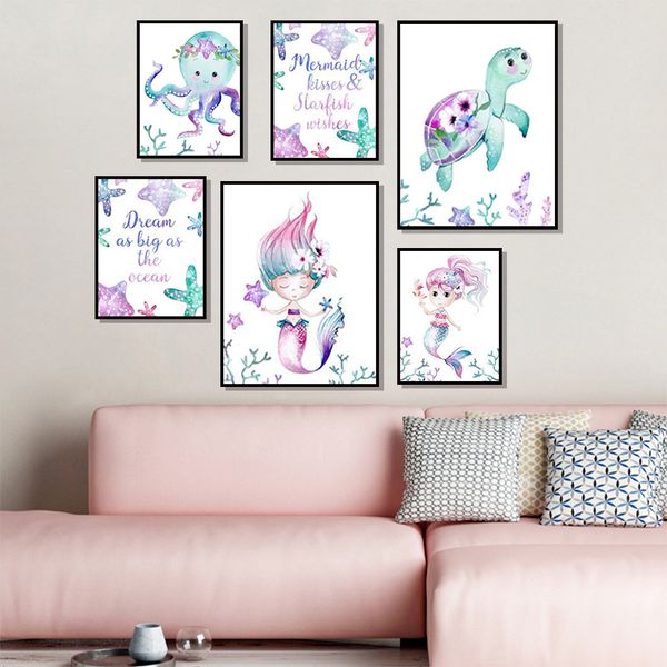 

mermaid canvas posters nursery wall art print watercolor sea animals starfish turtle ocs painting girls room wall art decor