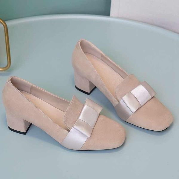 

sheep suede square toe slip on butterfly-knot decoration med heels elegant women autumn dress lady shallow pumps l77, Black