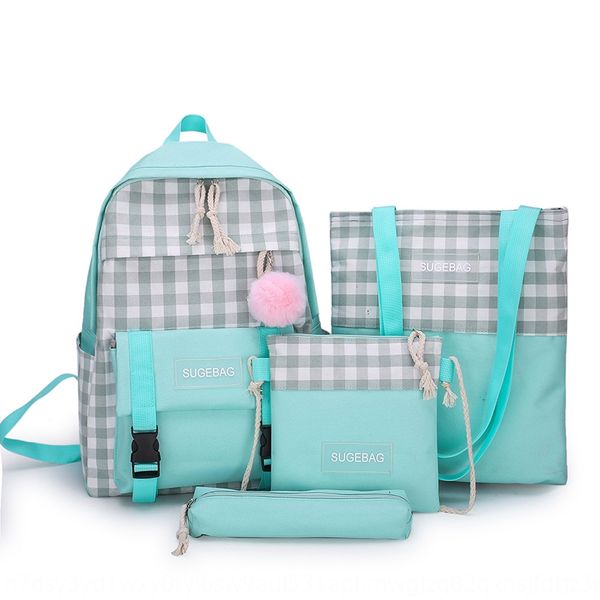 

korean ins bag female 2020 new fashion canvas four-piece canvas backpack plaid printing four-piece backpack female, White