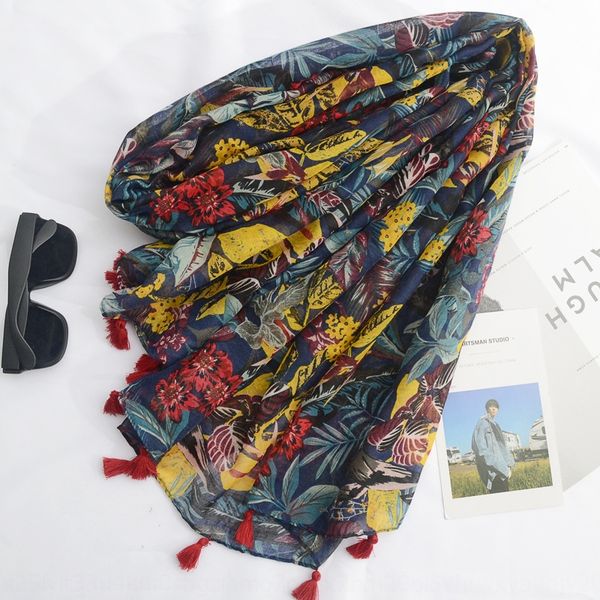 

2019 ethnic scarf shawl ethnic shawls style new cotton and linen scarf female watercolor leaves yunnan tourism sunscreen shawl, Blue;gray