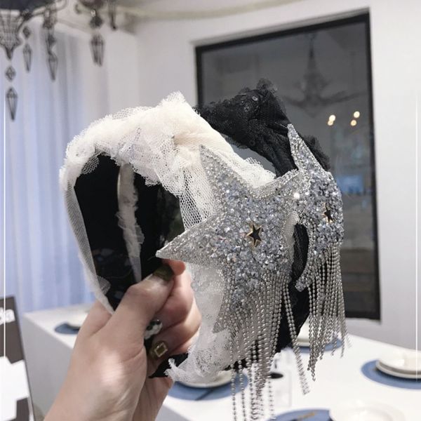 

new star fringes wide brimmed headband ins fashionable lace mesh rhinestones star headband knotting girls hairband 4 colors, Silver