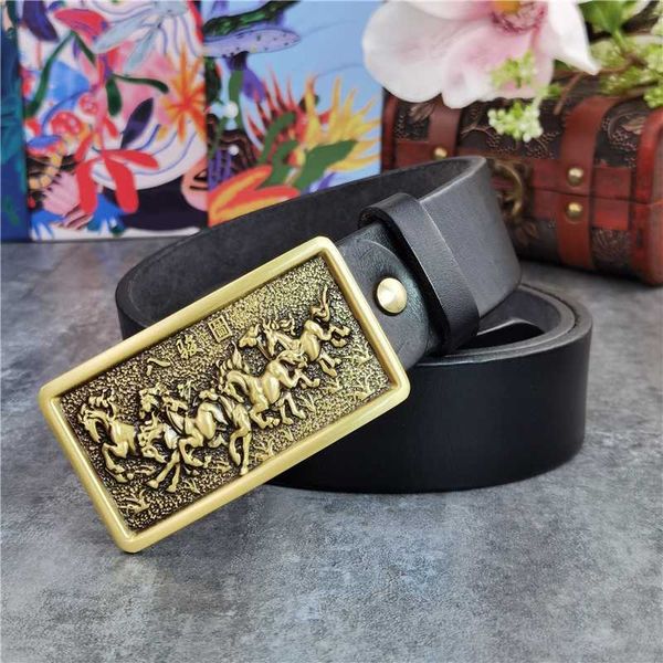 

chinese painting hors solid brass belt buckle men's leather belt ceinture waist men wide leather for men mbt0091, Black;brown