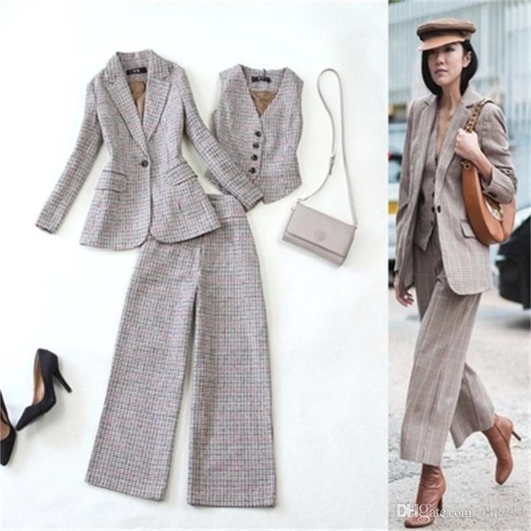 

fashion plaid pant suits women's autumn winter new plaid woolen suit jacket vest + wide leg pants large size suit female, White;black