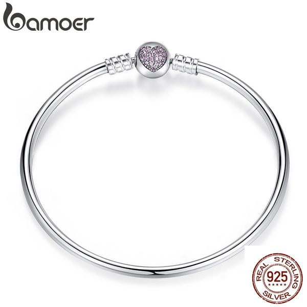 

bamoer authentic 100% 925 sterling silver snake chain heart bangle & bracelet luxury jewelry pas904, Golden;silver