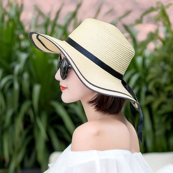 

sunshade big edge straw straw butterfly female travel korean style simple casual all-match foldable hat bow sun hat, Blue;gray