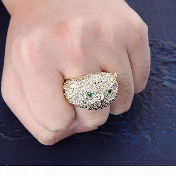 

f luxury men gold tone hip hop animal owl shape ring micro pave cubic zirconia simulated diamonds rings size7 -12 bling jewelry, Golden;silver