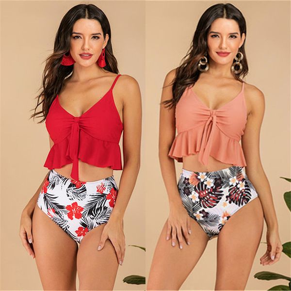 

high waist bikini 2020 mujer women ruffle swimsuit vintage bikinis set push up bathing suits plus size swimwear solid women, White;black
