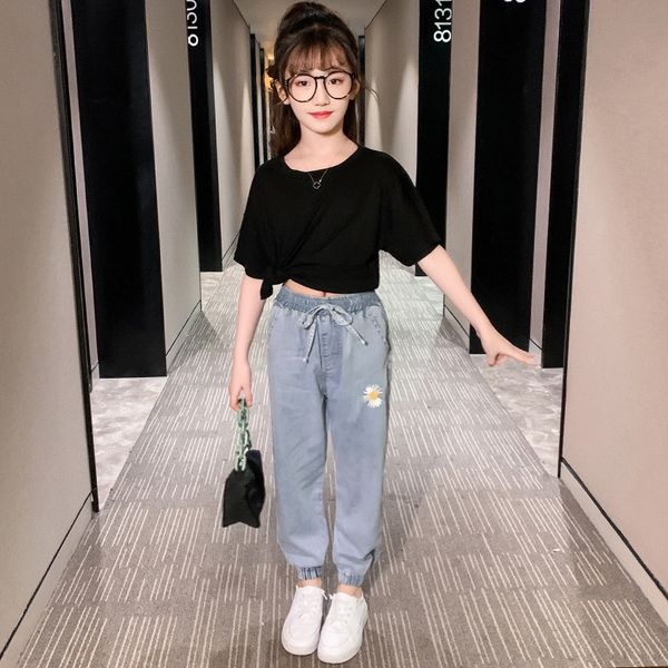 

girls' 2020 new children's tencel jeans medium and large children's daisy anti-mosquito jeans sports anti-mosquito pants spor, Blue