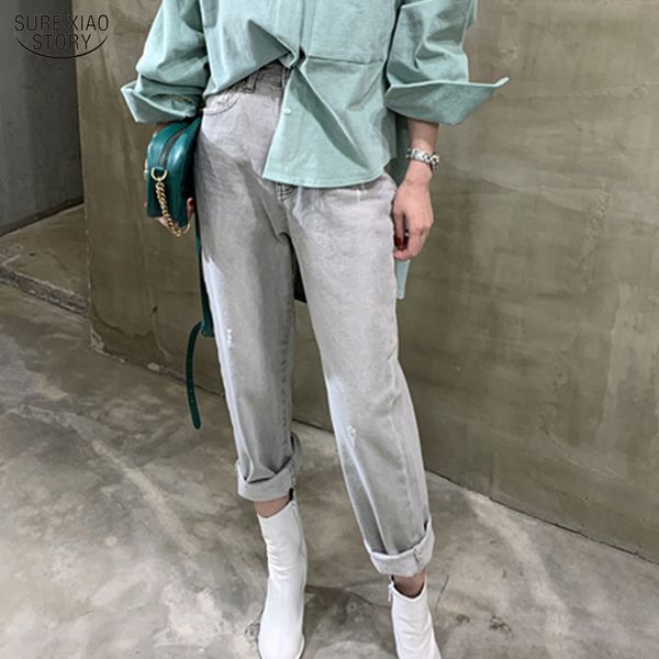 

высокий талии джинсы серый straight тощие джинсы женщина streetwear new vintage омывается корейских женщин хлопка брюки джинсовые 2020 10412, Blue