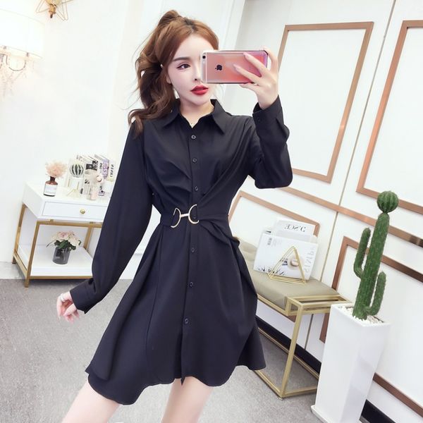 

2020 осень новый корейский тонкий дизайн талии для похудения темперамент однобортный рубашка платье женская мода, White;black
