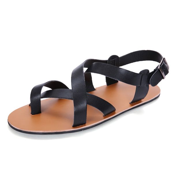 

2020 summer men sandals leather vintage flat heel solid buckle beach gladiator sandals shoes breathable men flip flops cs01, Black