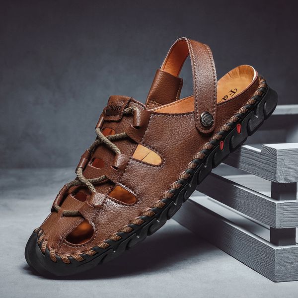 

2020 couro da rasteira beach summer men man cuir cuero herren homme sandali sandalia sandals-men roman playa sandals para slide, Black