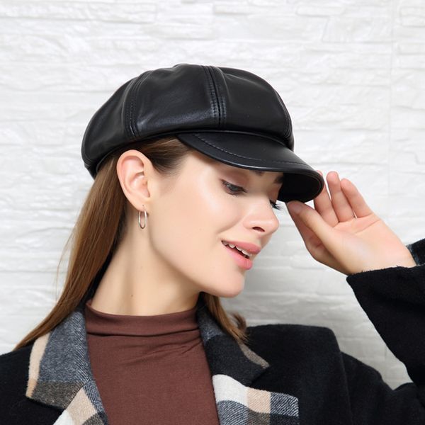 

genuine leather beret hat winter spring hats for women painter newsboy cap vintage beret female black boinas england style hat t200720, Blue;gray