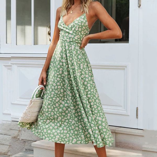 

sexy низкой грудь v шея спагетти ремень backless узелок midi платье лето женщины цветочные печати boho beach holiday женского сарафан, Black;gray