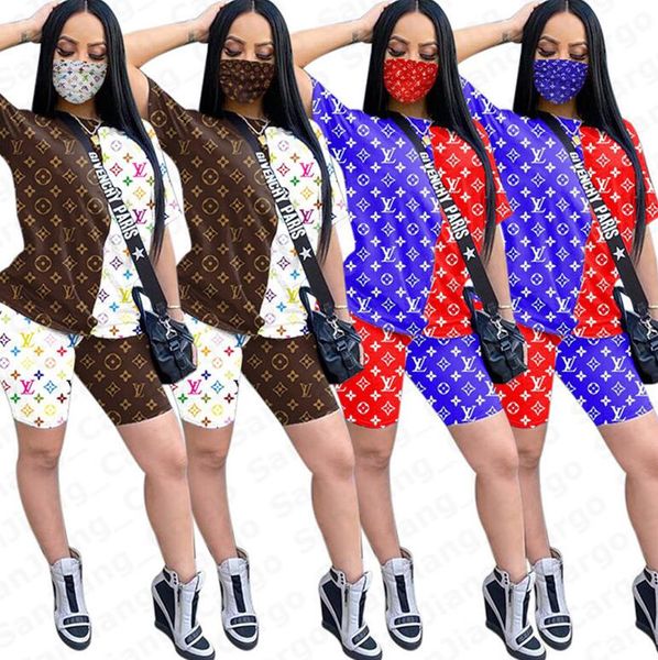 

women outfits t-shirt + shorts + mask 3 pieces tracksuit sets fashion letters short sleeves pullover tshirt short pants sportswear e51302, White
