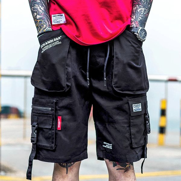 

2020 summer hip hop men short streetwear harajuku tatical cargo shorts pocket color block men jogger shorts zippers, White;black
