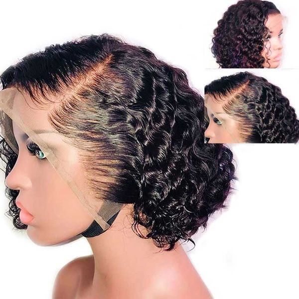 

13x6 deep part bob pixie cut wig preplucked fake scalp malaysian lace front human hair wigs remy short curly wig for black women